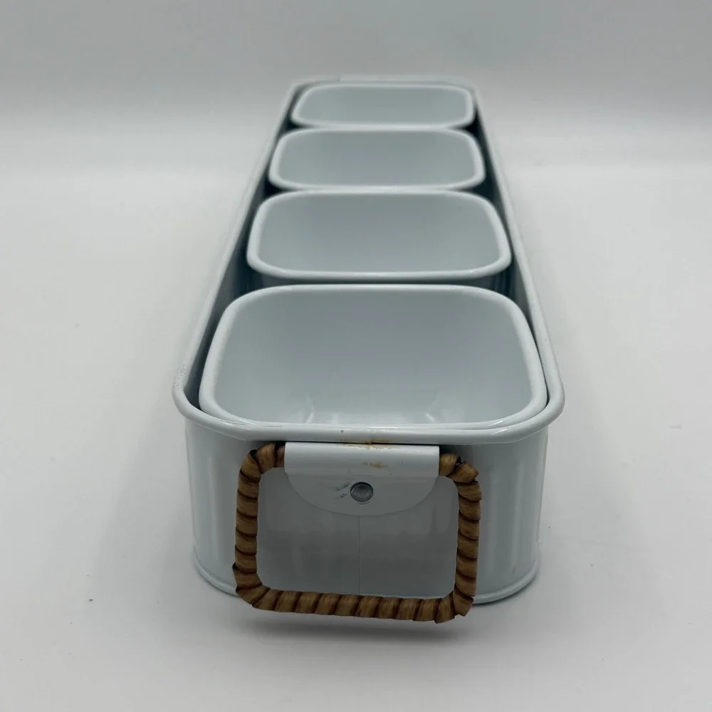 White Enamel Metal Condiment Server Set 4 Bowls Rectangular Tray Rattan Handles